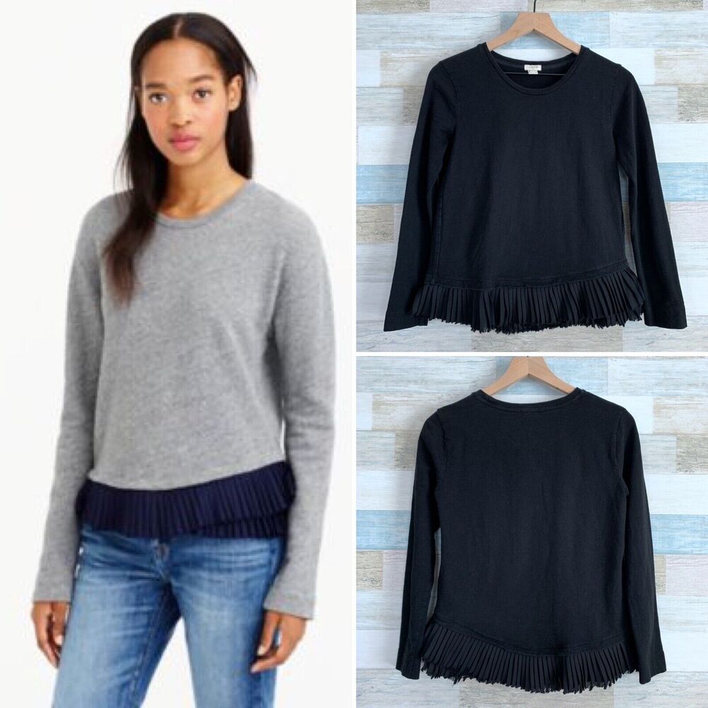 J Crew Ruffle Hem Sweatshirt Top Black Long Sleeve Cotton Casual Womens XS